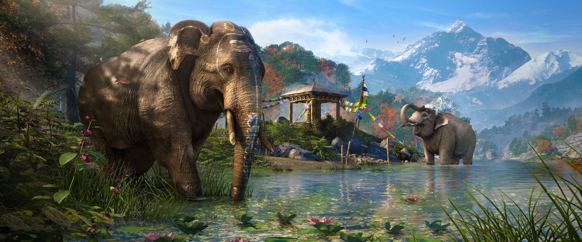 A serene HD wallpaper from Far Cry 4, featuring majestic elephants by a tranquil lake surrounded by vibrant foliage and mountains, capturing the game's stunning graphics and atmosphere.