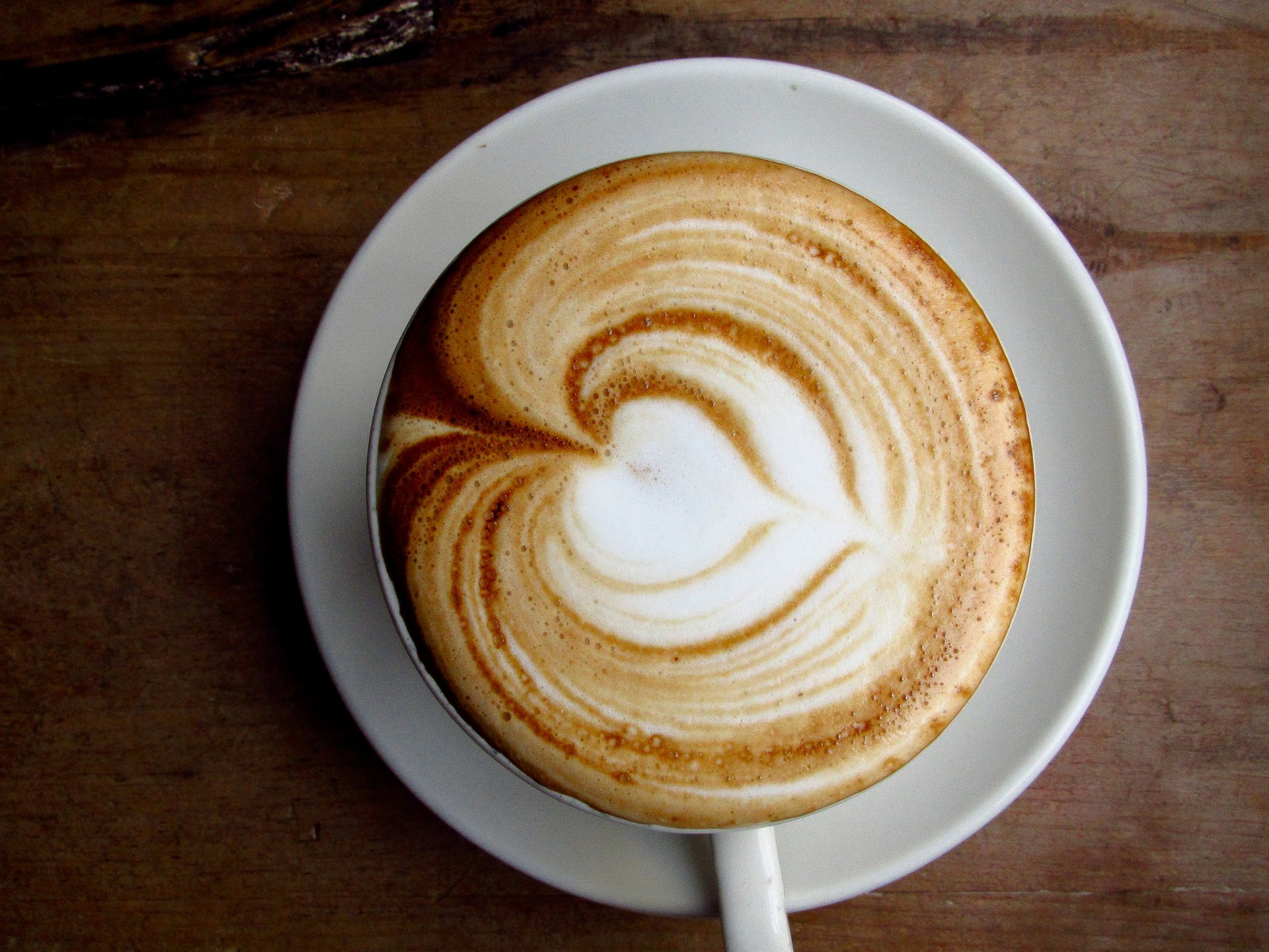 HD desktop wallpaper featuring a cappuccino with heart-shaped latte art on a saucer.