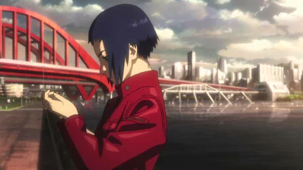 HD wallpaper featuring a character from Ghost in the Shell Arise standing by a bridge with a cityscape background.