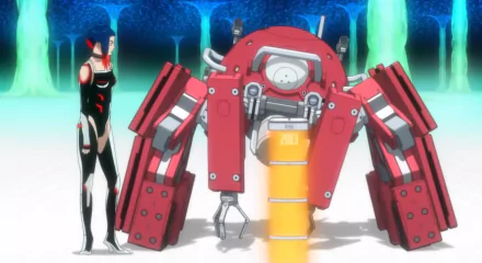 HD desktop wallpaper featuring a character from Ghost in the Shell Arise next to a red mechanical suit in a neon-lit environment.