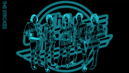 HD PC desktop wallpaper: neon turquoise line-art of five musicians with a bold logo, a garage-rock music illustration inspired by The Strokes.