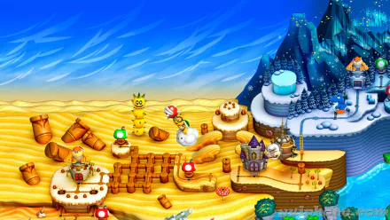 HD wallpaper of New Super Luigi U game with colorful levels ranging from deserts to snowy mountains.