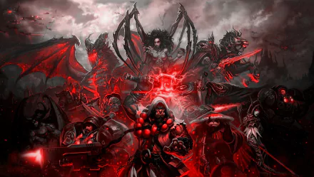 A dramatic 4K Ultra HD wallpaper featuring intense characters and creatures from the video game World of Warcraft, set against a dark, atmospheric background.
