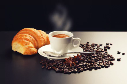 A steaming cappuccino is served in a white cup next to fresh croissants and scattered coffee beans, creating an inviting food scene in this 4K Ultra HD desktop wallpaper.