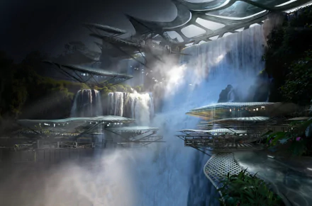 A stunning HD desktop wallpaper from Mass Effect: Andromeda, showcasing futuristic structures beside cascading waterfalls in a misty landscape.