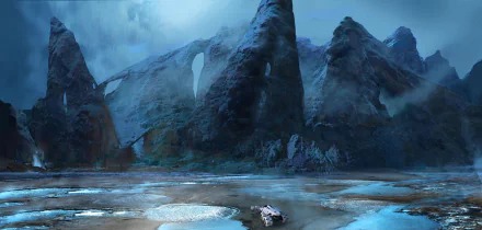 A serene HD wallpaper from Mass Effect: Andromeda, showcasing a distant vehicle surrounded by towering, mist-covered mountains and a frozen landscape.