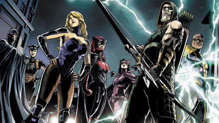 HD desktop wallpaper featuring DC Comics heroes Jefferson Pierce (Black Lightning), Dinah Lance (Black Canary), Oliver Queen (Green Arrow), Kate Kane (Batwoman), Huntress, Batman, and Catwoman from Injustice: Gods Among Us.