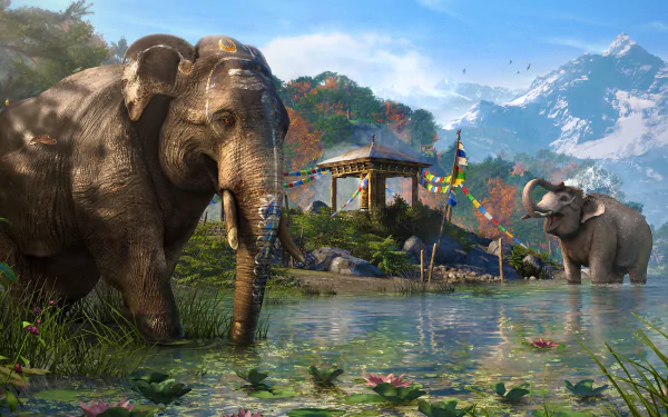 A serene HD wallpaper from Far Cry 4, featuring majestic elephants by a tranquil lake surrounded by vibrant foliage and mountains, capturing the game's stunning graphics and atmosphere.