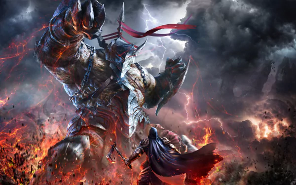 HD desktop wallpaper featuring an armored warrior from the video game Lords Of The Fallen, set against a dramatic backdrop of fire and storm clouds.