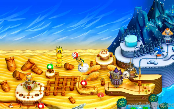 HD wallpaper of New Super Luigi U game with colorful levels ranging from deserts to snowy mountains.