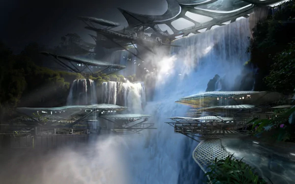 A stunning HD desktop wallpaper from Mass Effect: Andromeda, showcasing futuristic structures beside cascading waterfalls in a misty landscape.