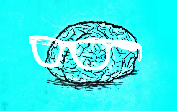 A humorous HD desktop wallpaper featuring a blue brain wearing white glasses against a vibrant turquoise background, embodying a funny and nerdy vibe.