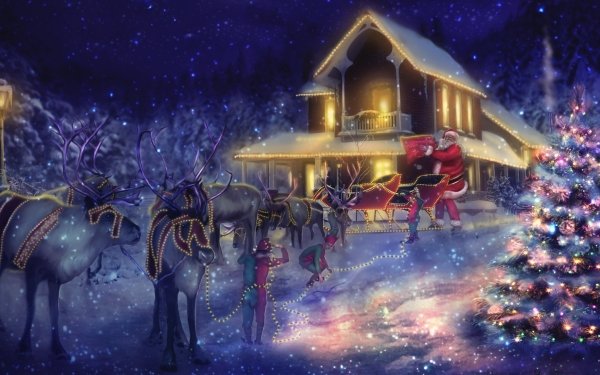 Día festivo Navidad Santa Reindeer Christmas Tree Sleigh Christmas Lights Fondo de pantalla HD | Fondo de Escritorio