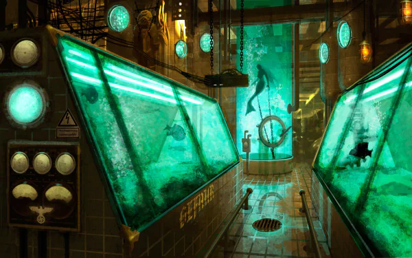A fantastical laboratory filled with illuminated fish tanks, showcasing mysterious aquatic creatures and a mermaid, bathed in green hues, creating a captivating underwater scene.