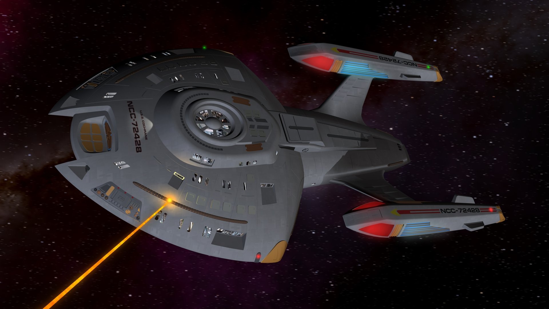 8K Ultra HD Sci-Fi PC wallpaper depicting a detailed Star Trek spaceship firing a yellow beam in deep space.