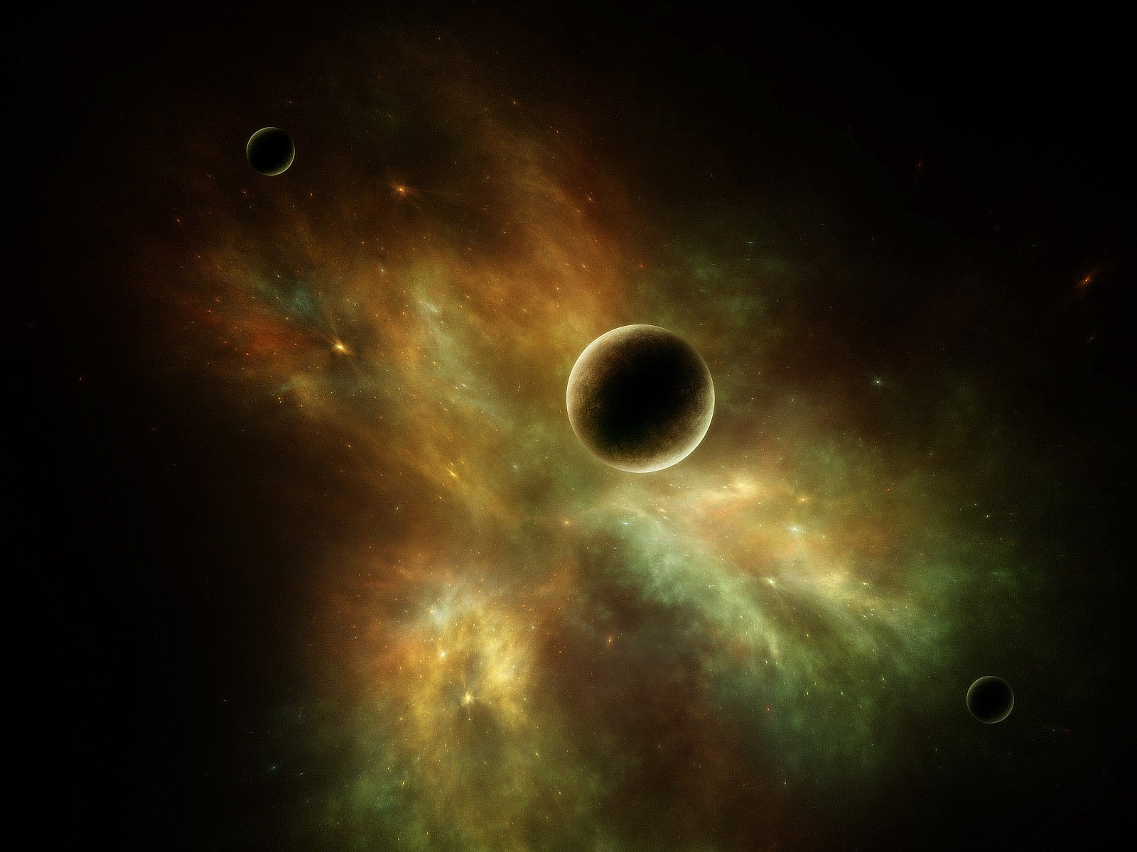 HD sci-fi desktop wallpaper featuring a stunning cosmic scene with a detailed planet in the center, surrounded by colorful nebulae and smaller celestial bodies.