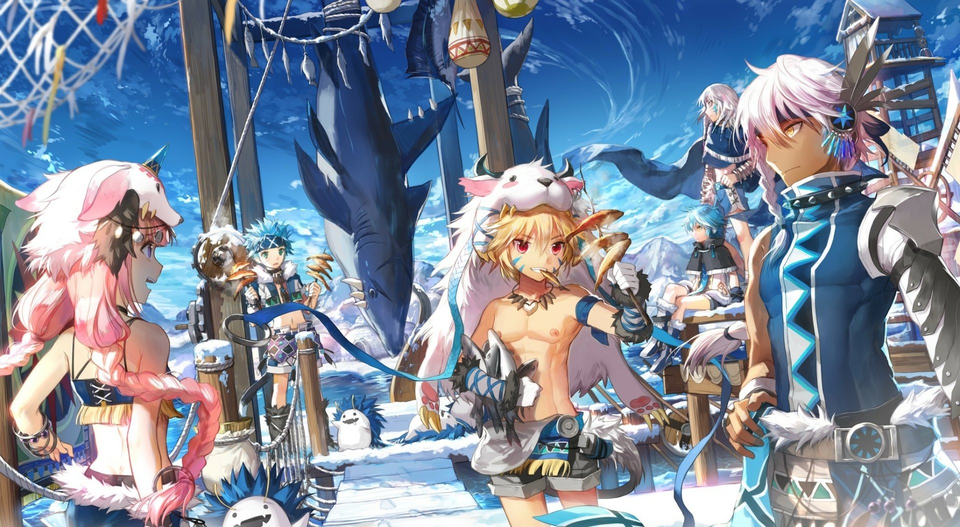 A vibrant winter scene from the video game Elsword, featuring characters in playful outfits surrounded by icy landscapes and a large shark, creating a dynamic, fantasy atmosphere.