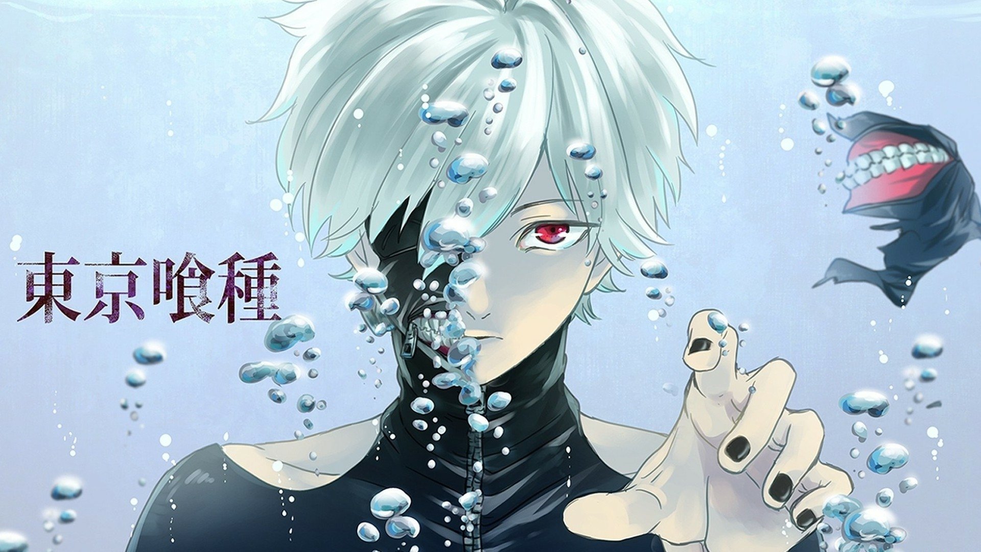 HD desktop wallpaper featuring Ken Kaneki from Tokyo Ghoul, with white hair and submerged in water, highlighted by floating bubbles.