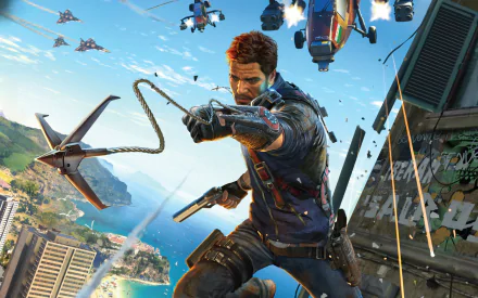 Rico Rodriguez from Just Cause 3 swings with a grappling hook amid explosions and helicopters in this HD PC desktop wallpaper from the action-packed video game.