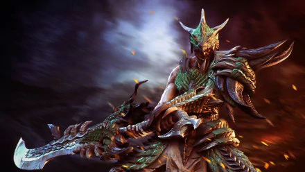 A fierce fantasy warrior clad in intricate armor wields a massive sword against a dramatic, stormy background. This HD image makes a striking desktop wallpaper.