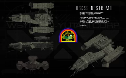 USCSS Nostromo ship schematics from the movie Alien, rendered in dark tones with Weyland‑Yutani emblem — 4K Ultra HD PC desktop wallpaper/background