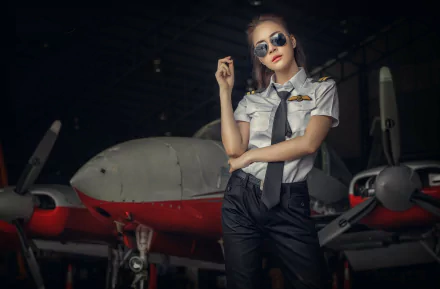 A confident Asian woman in a pilot's uniform and sunglasses poses in front of an airplane, showcasing a striking HD desktop wallpaper and background.