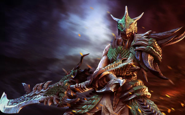 A fierce fantasy warrior clad in intricate armor wields a massive sword against a dramatic, stormy background. This HD image makes a striking desktop wallpaper.