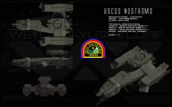USCSS Nostromo ship schematics from the movie Alien, rendered in dark tones with Weyland‑Yutani emblem — 4K Ultra HD PC desktop wallpaper/background