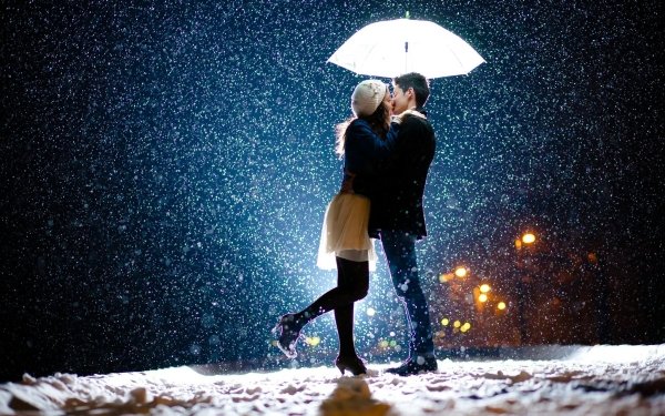 Women Mood Snowfall Umbrella Street Evening Kiss Love HD Wallpaper | Background Image