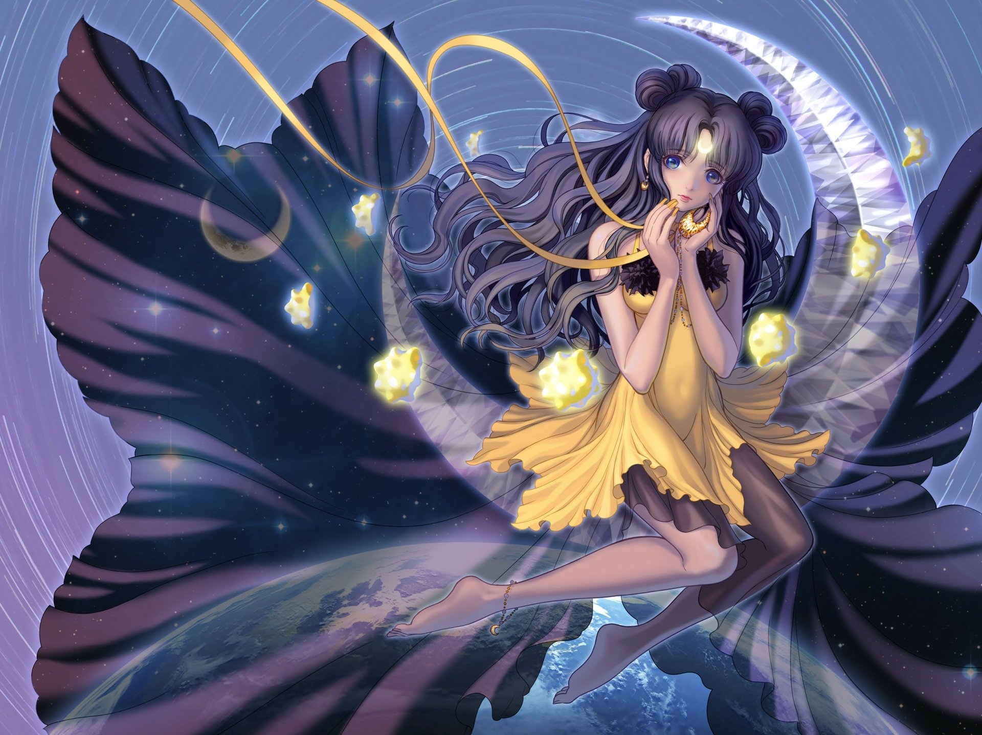 An enchanting anime-inspired wallpaper featuring a girl in a yellow dress surrounded by celestial elements, evoking the magical essence of Sailor Moon. Perfect for HD desktop backgrounds.