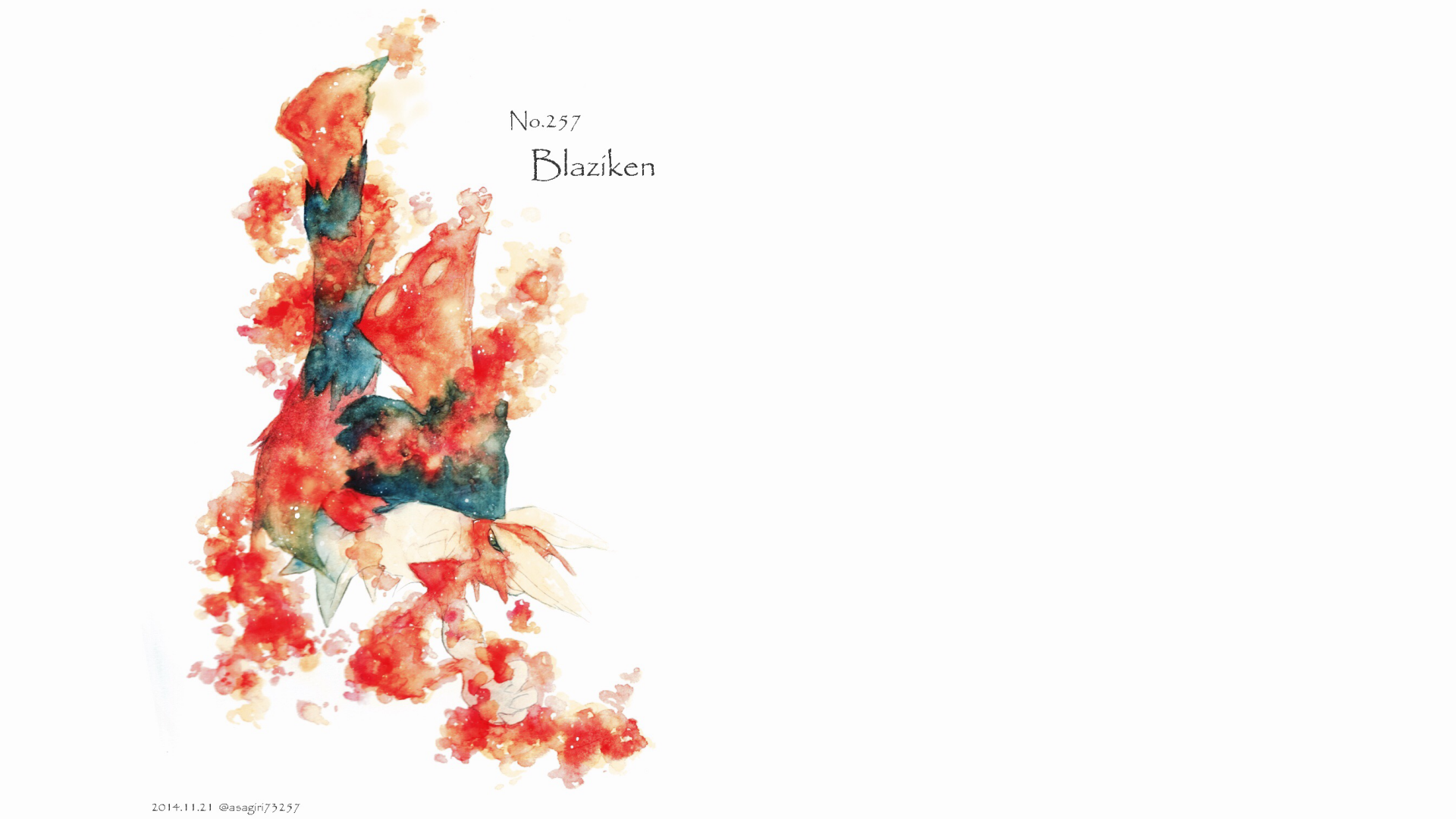 HD PC desktop wallpaper featuring a vibrant, watercolor-style illustration of Blaziken from the Pokémon video game series on a white background.