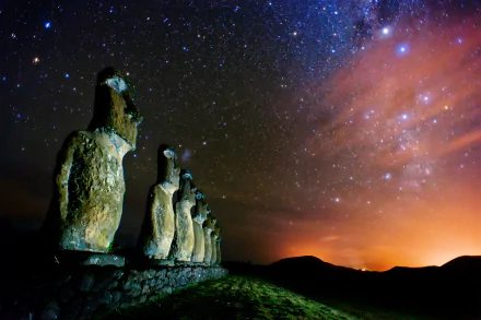 Moai statues on Easter Island under a vibrant starry night sky, highlighting the Rapanui culture within Chile's protectorate.