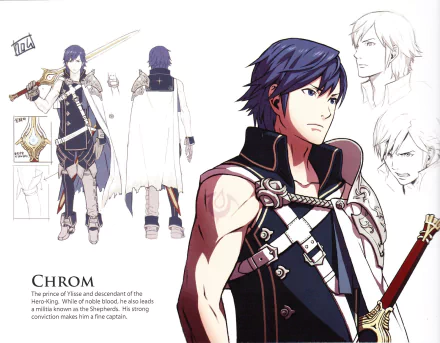 HD desktop wallpaper of Chrom from Fire Emblem Awakening, featuring his character design and sketches.