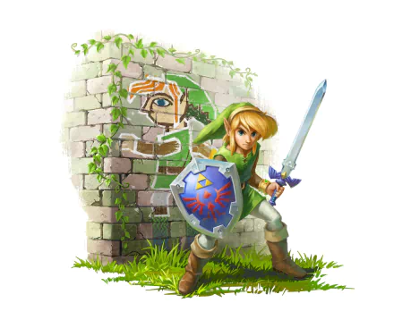 HD desktop wallpaper from The Legend Of Zelda: A Link Between Worlds, featuring the character Link with a sword and shield.