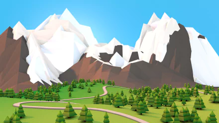 A vibrant low poly 3D artistic depiction of majestic mountains, featuring a winding path and lush greenery, designed as a high-definition desktop wallpaper.