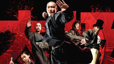 HD PC desktop wallpaper for the movie Tai Chi Hero: five martial artists in dramatic tai chi poses leaping against a bold, textured red background.