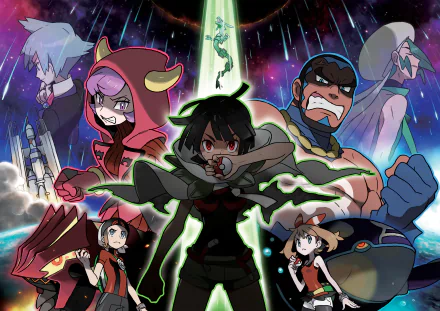 HD desktop wallpaper featuring characters May, Brendan, Zinnia, and Rayquaza from Pokémon: Omega Ruby and Alpha Sapphire, along with other Pokémon characters, in a vibrant, dynamic adventure scene.