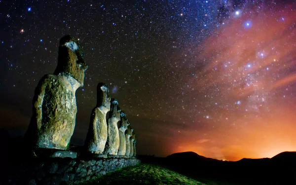 Moai statues on Easter Island under a vibrant starry night sky, highlighting the Rapanui culture within Chile's protectorate.