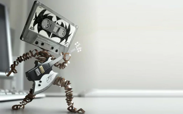 Artistic HD desktop wallpaper featuring a whimsical sculpture of a cassette tape head playing guitar.