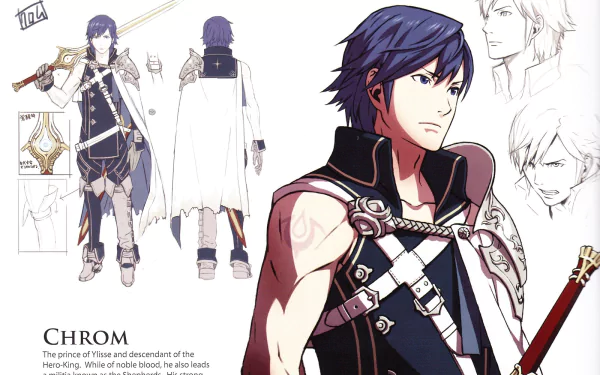 HD desktop wallpaper of Chrom from Fire Emblem Awakening, featuring his character design and sketches.