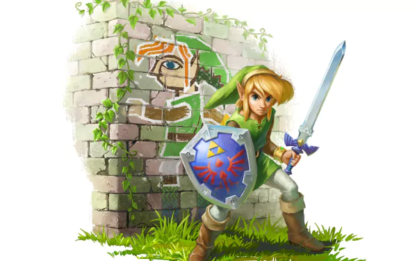 HD desktop wallpaper from The Legend Of Zelda: A Link Between Worlds, featuring the character Link with a sword and shield.