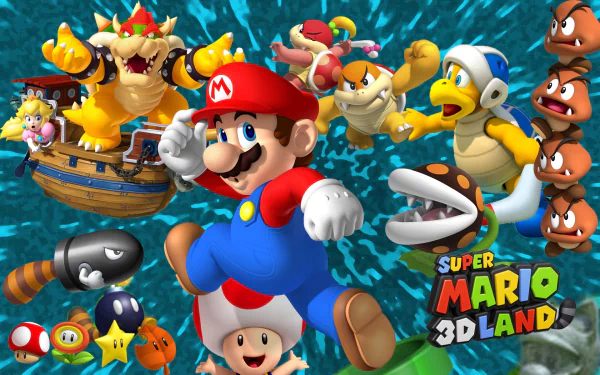 HD desktop wallpaper of Super Mario 3D Land featuring Mario in action with game characters and elements in the background.