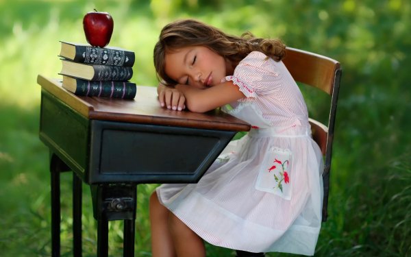 Photography Child Little Girl Desk Book Apple Summer HD Wallpaper | Background Image