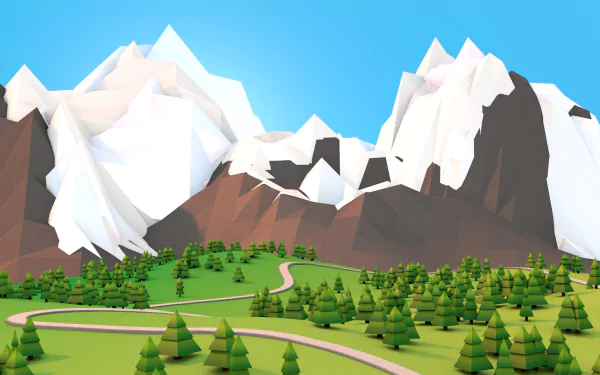 A vibrant low poly 3D artistic depiction of majestic mountains, featuring a winding path and lush greenery, designed as a high-definition desktop wallpaper.