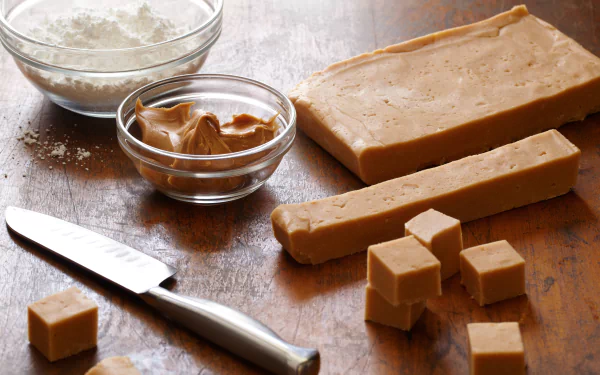 Close-up of peanut butter fudge squares with a knife, a bowl of peanut butter, and a bowl of powdered sugar on a wooden surface, rendered in 4K Ultra HD for desktop wallpaper.