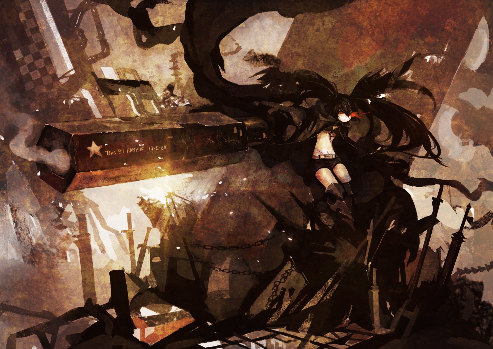 HD anime wallpaper featuring Black Rock Shooter with striking red eyes and flowing black hair amid a dark, gritty urban background.