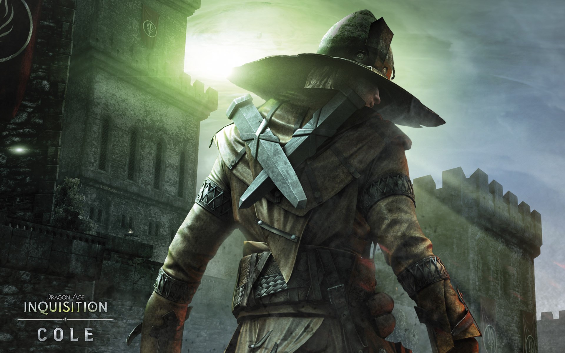 HD PC desktop wallpaper from the video game Dragon Age: Inquisition, featuring the character Cole standing before a medieval castle under a glowing sky.