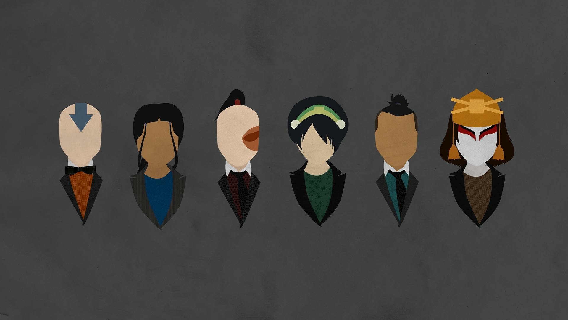 A minimalist HD desktop wallpaper featuring iconic characters from Avatar: The Last Airbender, each styled in a unique, abstract representation against a dark background.