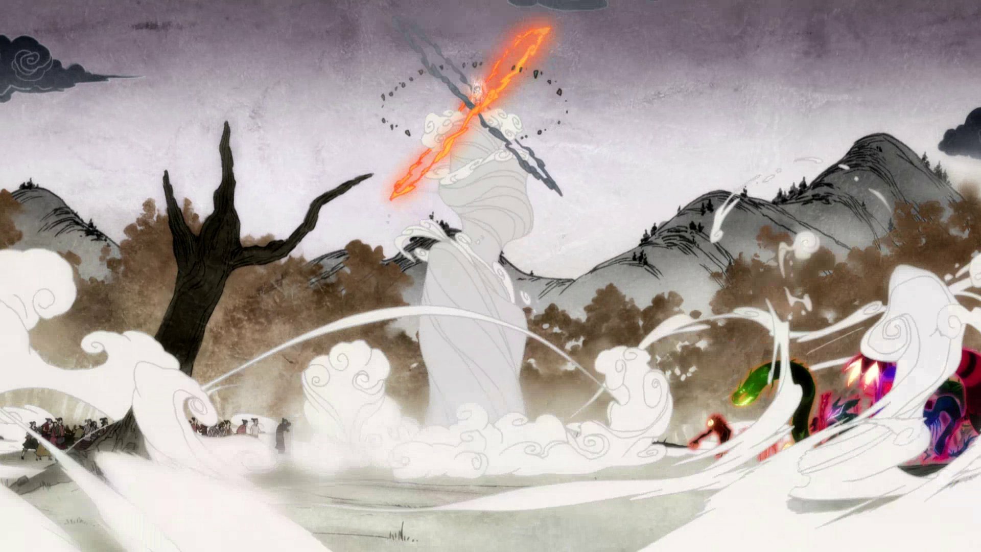 Anime-style HD desktop wallpaper from Avatar: The Legend of Korra, featuring dynamic elemental spirits and a mystical, mountainous landscape in a dramatic, painted style.