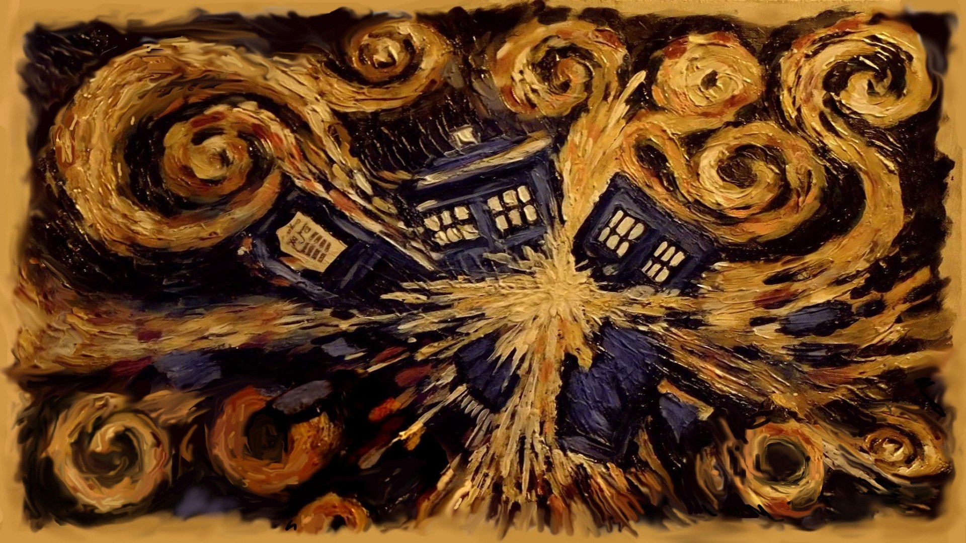 An HD desktop wallpaper featuring the TARDIS from Doctor Who (2005), surrounded by swirling colors and dynamic motion, capturing the essence of time travel adventure.